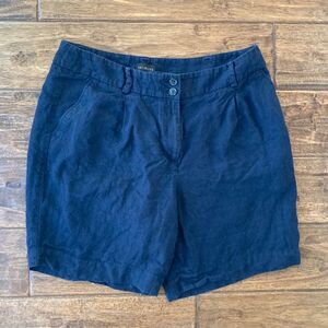 Talbots 100% Linen Shorts Womens 12 Petite Pleated High Waisted Navy